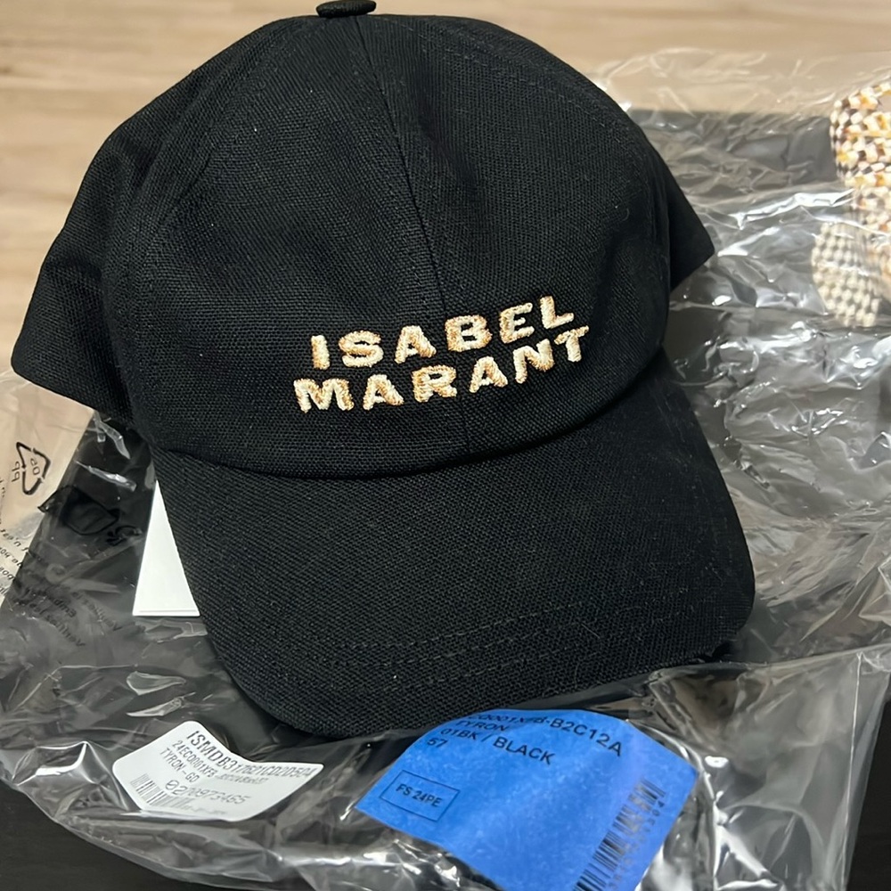 Isabel Marant Black Tyron Hat, Gold Logo, NWT